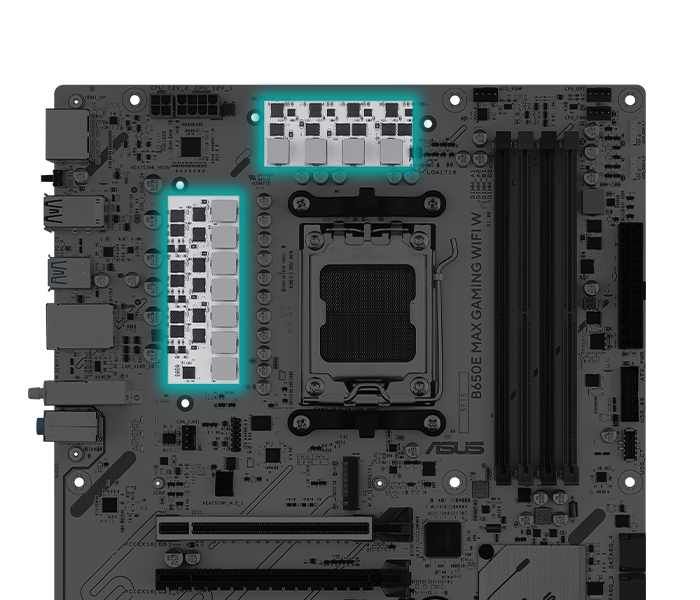 The B650E MAX GAMING WIFI W motherboard features Digital Power Design. 